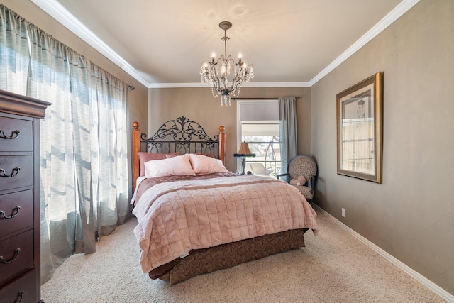 carpeted bedroom with an inviting chandelier, crown molding, and baseboards