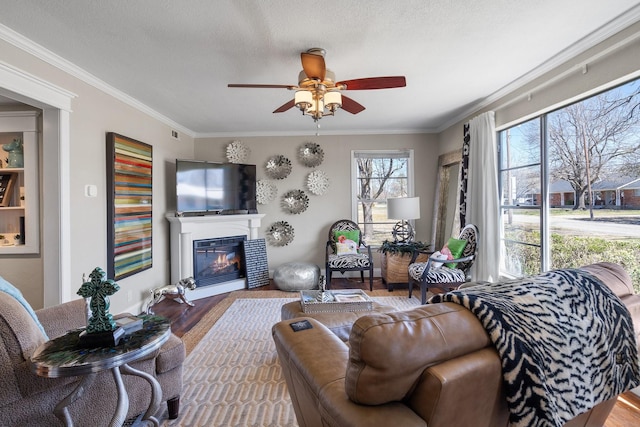 living area featuring a glass covered fireplace, crown molding, a ceiling fan, and wood finished floors