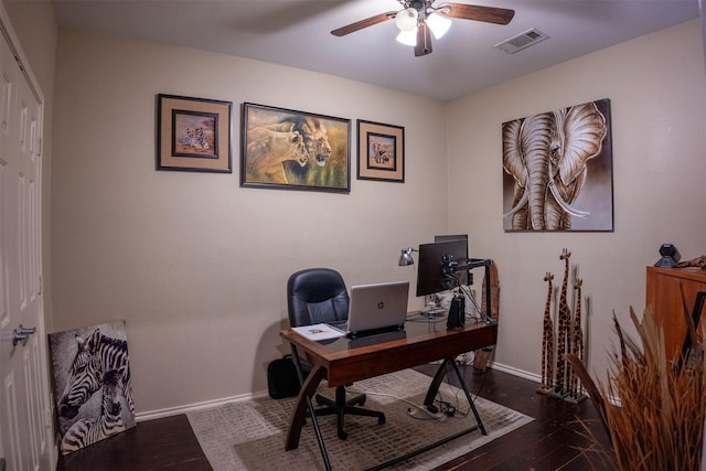 office area featuring visible vents, baseboards, a ceiling fan, and wood finished floors