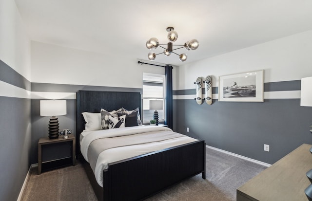 carpeted bedroom with baseboards and an inviting chandelier