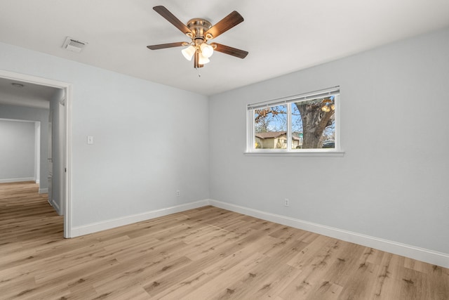 unfurnished room featuring visible vents, baseboards, a ceiling fan, and light wood finished floors