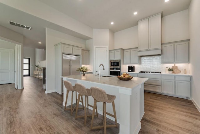 kitchen with wood finished floors, visible vents, a sink, built in appliances, and backsplash