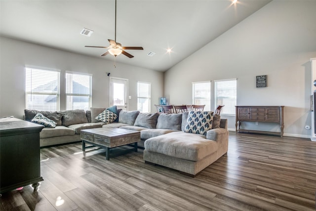 living area with visible vents, high vaulted ceiling, dark wood-type flooring, and ceiling fan