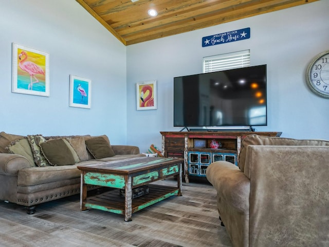 living area featuring wood finished floors, recessed lighting, wood ceiling, and vaulted ceiling