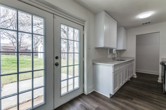 doorway with visible vents, dark wood-type flooring, baseboards, french doors, and a sink