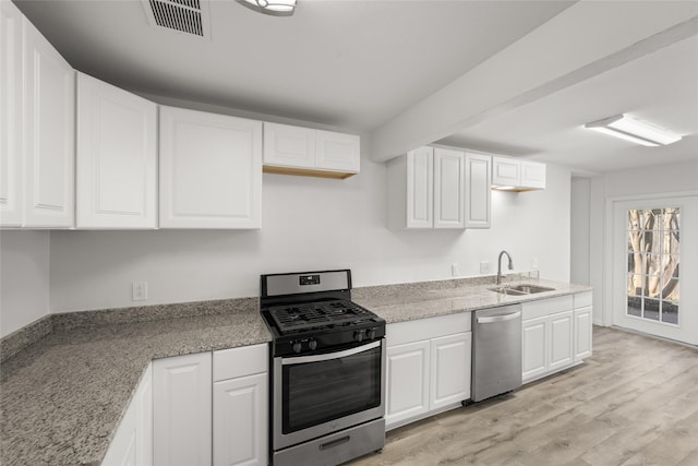 kitchen featuring visible vents, a sink, stainless steel appliances, white cabinetry, and light wood-type flooring