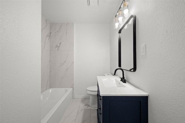 full bathroom featuring marble finish floor, vanity, toilet, and a textured wall