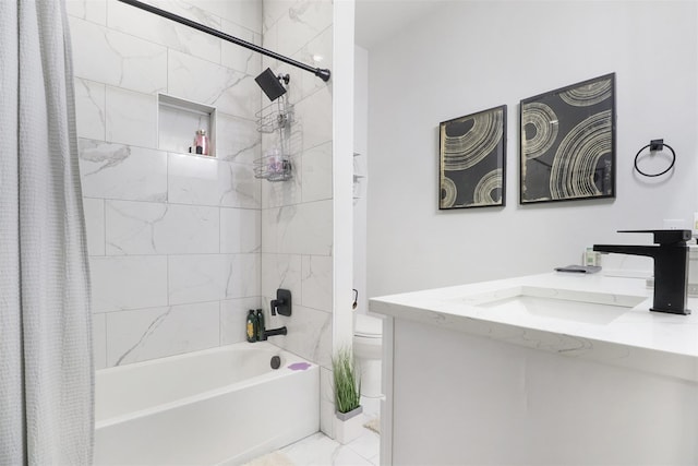 full bath with shower / bath combo with shower curtain, toilet, marble finish floor, and vanity