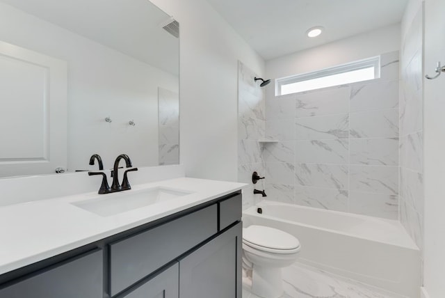 full bath featuring visible vents, toilet, marble finish floor, tub / shower combination, and vanity