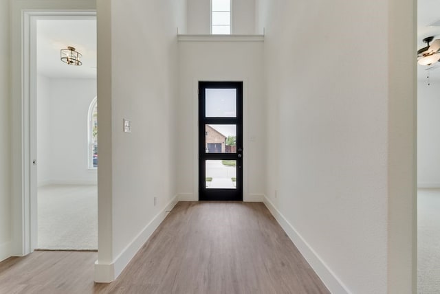 entrance foyer with a towering ceiling, baseboards, and wood finished floors