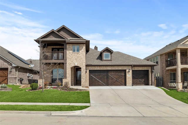 view of front of house featuring brick siding, a front yard, roof with shingles, a balcony, and an attached garage