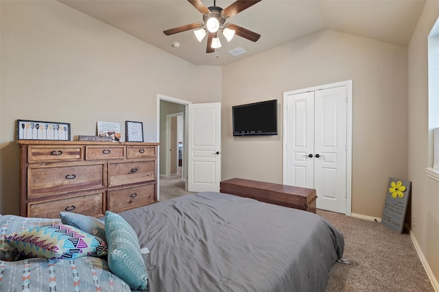 bedroom featuring light carpet, visible vents, baseboards, and vaulted ceiling