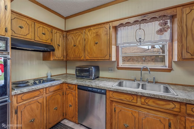 kitchen featuring under cabinet range hood, brown cabinets, stainless steel appliances, and a sink