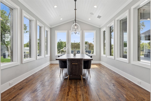 sunroom featuring lofted ceiling, a notable chandelier, visible vents, and wooden ceiling