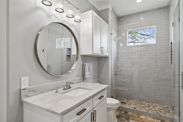 full bath with stone finish flooring, toilet, a stall shower, and vanity