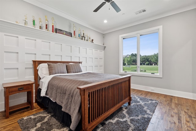 bedroom with visible vents, a ceiling fan, wood finished floors, recessed lighting, and baseboards