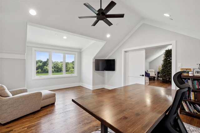 home office with baseboards, lofted ceiling, recessed lighting, wood finished floors, and a ceiling fan