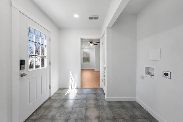 interior space featuring recessed lighting, visible vents, ceiling fan, and baseboards