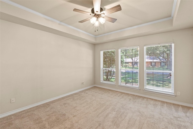 carpeted spare room with baseboards, a raised ceiling, ceiling fan, and ornamental molding