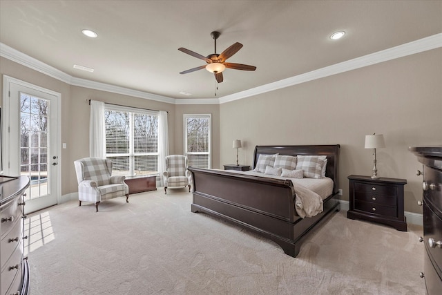 bedroom featuring ornamental molding, baseboards, carpet, and access to outside