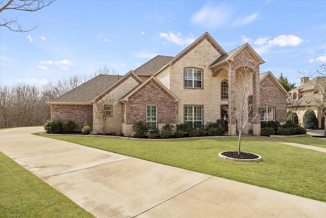 french provincial home featuring a front lawn, stone siding, roof with shingles, concrete driveway, and brick siding