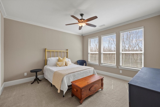 bedroom with visible vents, baseboards, light colored carpet, and ornamental molding