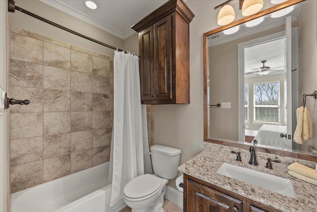 full bathroom with shower / bathtub combination with curtain, toilet, a ceiling fan, crown molding, and vanity