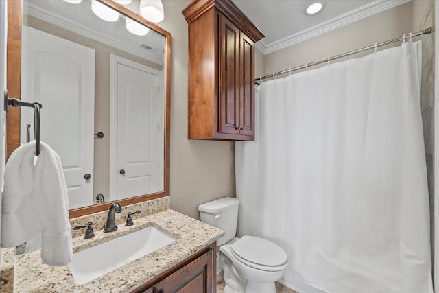 full bath featuring vanity, a shower with curtain, visible vents, ornamental molding, and toilet