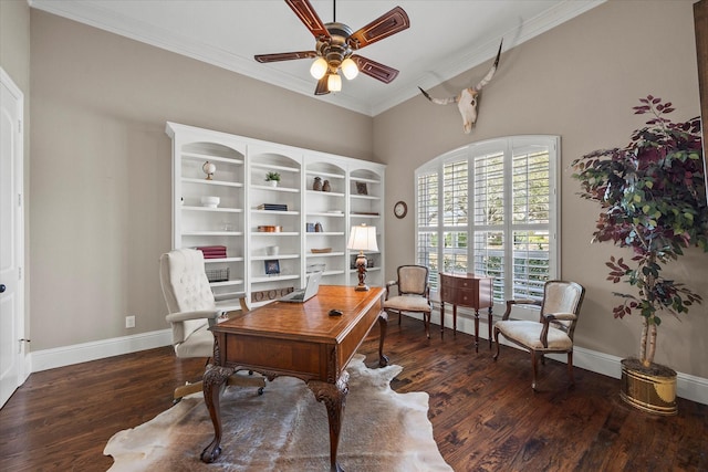 home office featuring baseboards, crown molding, ceiling fan, and wood finished floors