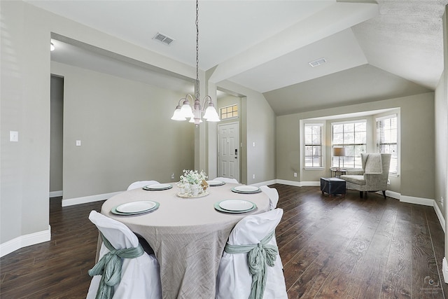 dining area featuring visible vents, a notable chandelier, dark wood finished floors, baseboards, and lofted ceiling