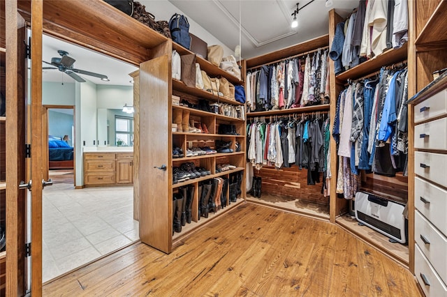 walk in closet featuring light wood-type flooring and a ceiling fan