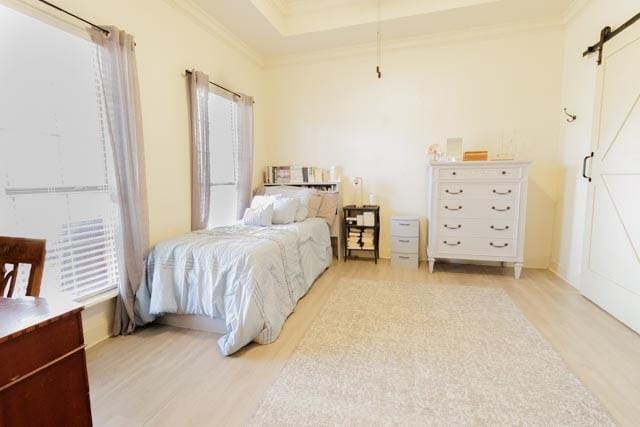 505 Spring Valley Rd, Paradise, TX 76073 - bedroom with light wood-type flooring, a raised ceiling, ornamental molding, and a barn door