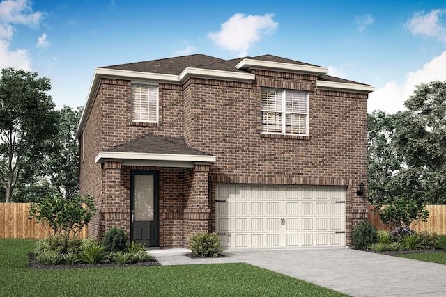 view of front of home featuring brick siding, driveway, a garage, and fence