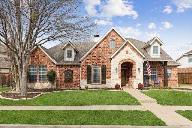 view of front facade with fence, stone siding, and a shingled roof