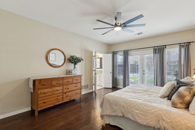 bedroom with dark wood finished floors, access to exterior, baseboards, and visible vents