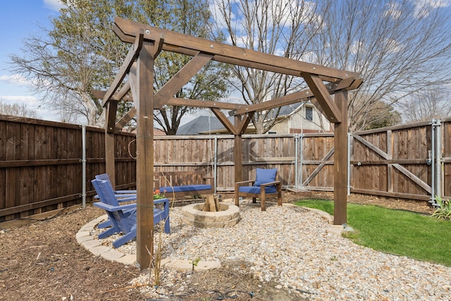 view of patio / terrace featuring a gate, an outdoor fire pit, and fence