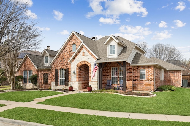 view of front of property featuring brick siding, stone siding, a front yard, and roof with shingles