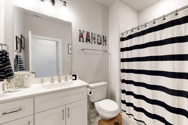 529 Hummingbird Dr, Celina, TX 75009 - bathroom with vanity, curtained shower, marble finish floor, toilet, and visible vents