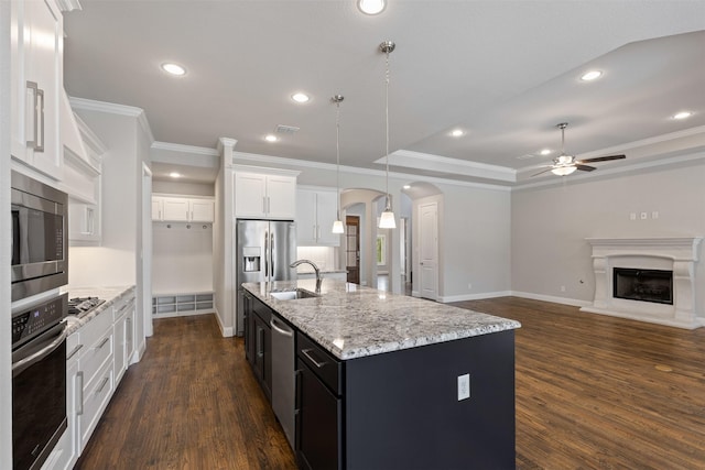 kitchen with dark wood-type flooring, a sink, arched walkways, appliances with stainless steel finishes, and ceiling fan