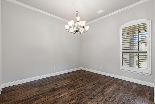 empty room featuring dark wood-style floors, baseboards, visible vents, an inviting chandelier, and crown molding