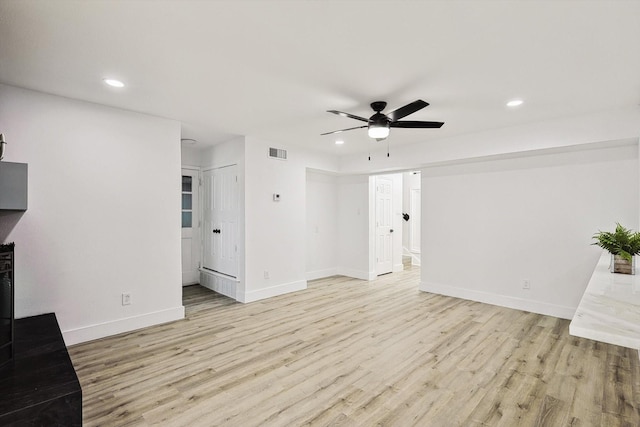 unfurnished living room featuring recessed lighting, visible vents, light wood finished floors, and ceiling fan