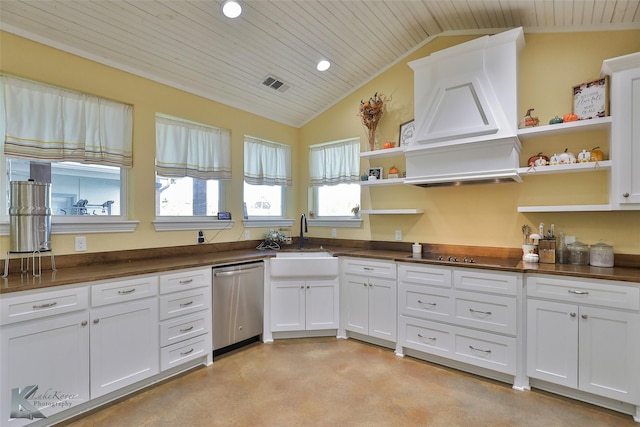 kitchen featuring visible vents, open shelves, stainless steel dishwasher, dark countertops, and black electric stovetop