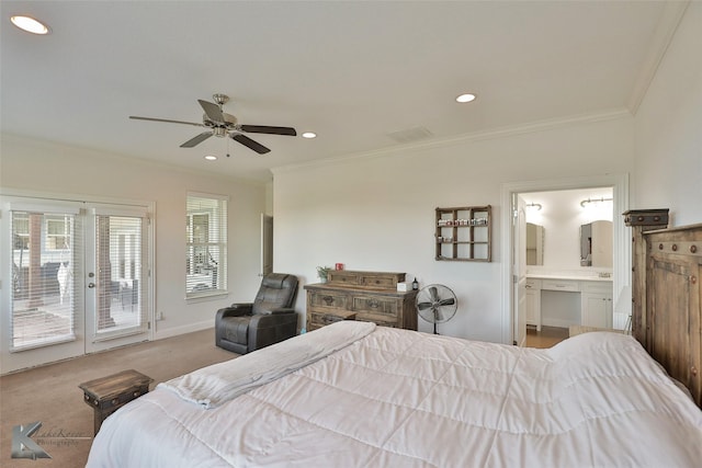 carpeted bedroom with access to exterior, recessed lighting, and crown molding