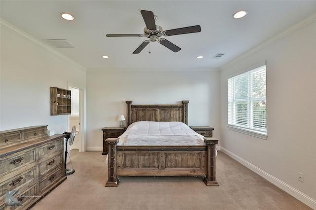 bedroom with visible vents, baseboards, light carpet, and ornamental molding