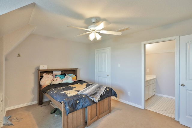 bedroom featuring visible vents, light carpet, baseboards, and ceiling fan