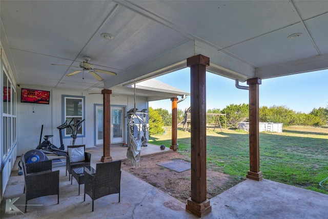 782 Bell Plains Rd, Tuscola, TX 79562 - view of patio / terrace featuring a storage unit, ceiling fan, and an outbuilding