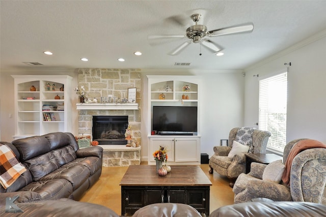 living room with visible vents, recessed lighting, a fireplace, crown molding, and ceiling fan