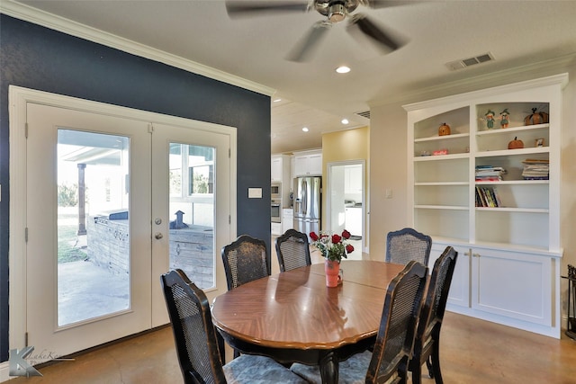 dining space with recessed lighting, french doors, crown molding, and a ceiling fan