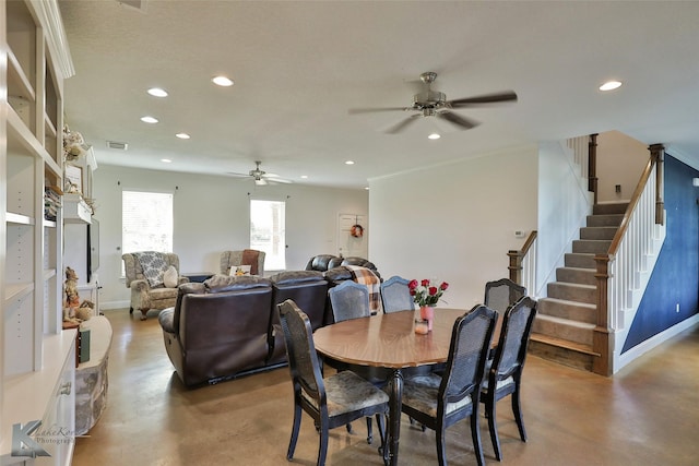 dining space with visible vents, concrete floors, ceiling fan, stairs, and recessed lighting