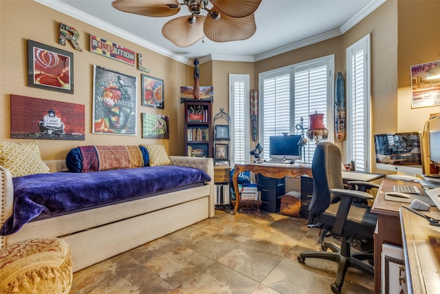 bedroom featuring ceiling fan and ornamental molding